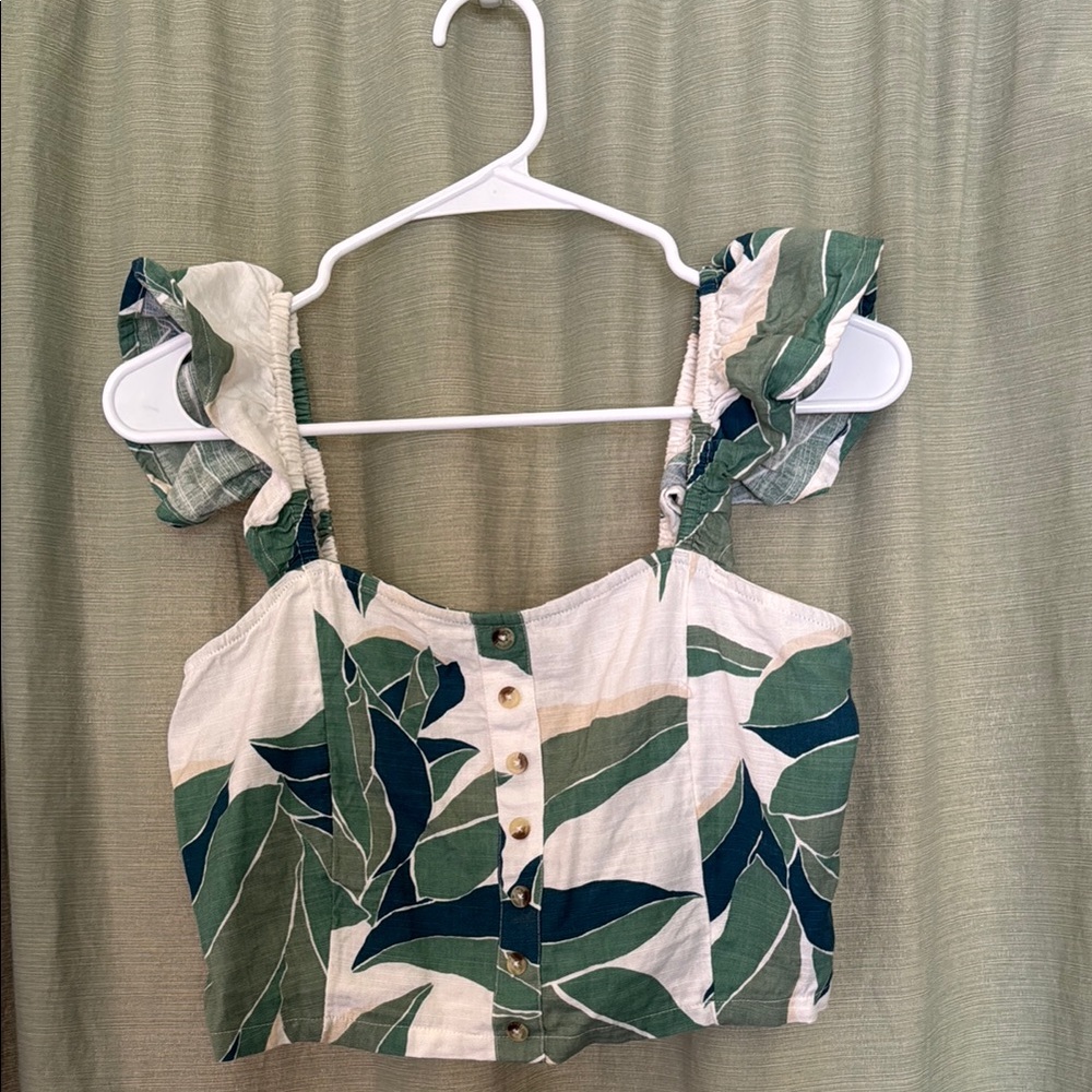 Leaf Print Ruffle Strap Top